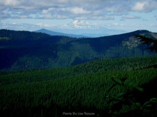 A cloudy, hazy view of Mt. Adams from view spot
