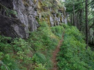 The trail passes under cliff walls
