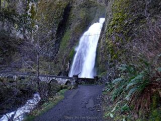 The trail goes over a bridge by a falls