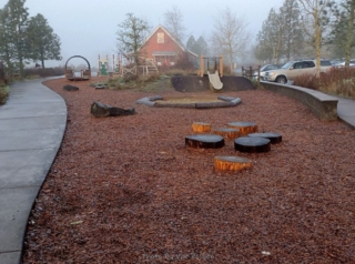 Playground with nature center behind it.